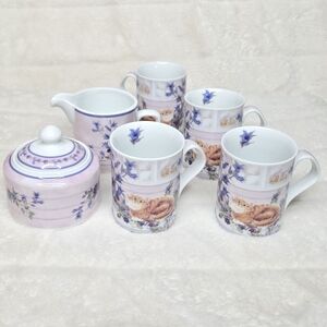 Vintage Valerie Pfeiffer 2000 Orange Cat ‎ Floral Country Mug Set , Porcelain